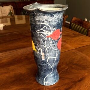 Artistic Blue Ceramic Vase with Red and Yellow Accents